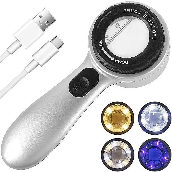 Skalalı Işıklı Büyüteç 30X Şarj Edilebilir | 4 Renkli Led