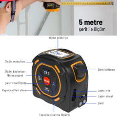 Sndway SW-TM60A Lazer Mesafe Ölçerli Şerit Metre | 60m + 5m