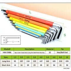 Proskit HW-230BL Uzun Top Başlı Renkli Alyan Anahtar Seti